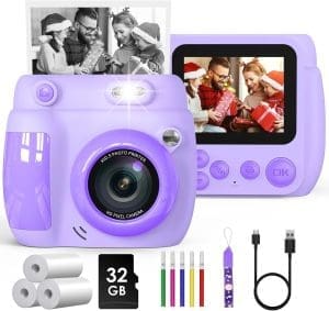 Gofunly Sofortbildkamera Kinder, 2,4 Zoll Bildschirm Kinderkamera Sofortbildkamera mit 32GB Karte & Druckpapier, 1080P HD Kamera Kinder Sofortdruck, Geschenk für 3-10 Jungen und Mädchen (Lila)