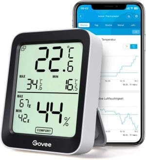 Govee Thermometer Hygrometer Innen, LCD Digital Temperatur Luftfeuchtigkeitsmesser mit Benachrichtigungs Alarm, Präzise Thermo-Hygrometer mit APP, Datenspeicherung für Gewächshaus Weinkeller