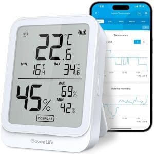 GoveeLife Digitales Thermometer Hygrometer Innen, Bluetooth LCD Luftfeuchtigkeitsmesser mit Benachrichtigungsalarm, Temperaturüberwachung mit App, Datenspeicherung für Zuhause Gewächshaus Weinkeller