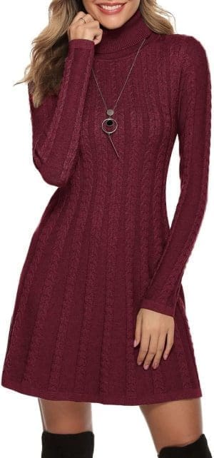 Gyabnw Damen Rollkragen Strickkleid Strickpullover Elegantes Winterkleid Modisches Pulloverkleid Midikleid für Freizeit Cocktail