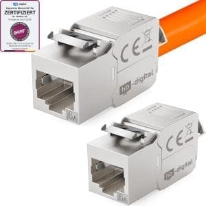 HB-DIGITAL 2x CAT 6a Keystone RJ45 Modul Buchse für LAN Kabel - GHMT Zertifiziert - 10 Gbit/s bis 500 MHz AWG 22-24 werkzeuglos LSA vollgeschirmt STP Einbaubuchse für Patchpanel und Netzwerkdose