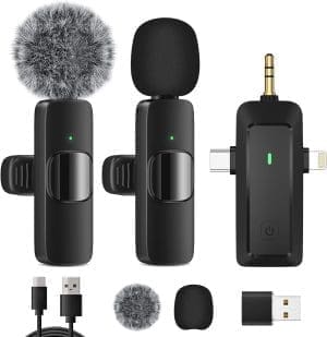 HMKCH Kabelloses Lavalier-Mikrofon für iPhone/Android Telefon/Kamera/Computer/Laptop, Professionelles Dual-Ansteckmikrofon mit USB-C/3,5 mm/USB-Stecker für Videoaufzeichnung, Vlog, YouTube, TikTok