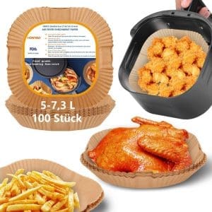 HONYAO Backpapier für Heißluftfritteuse XXL 5-7,3 L, 100 Stück Quadrat 20x20 cm Airfryer Backpapier Antihaft Einwegschalen Luftfritteuse Pergamentpapier Kompatibel mit COSORI,Philips,Cecotec Airfryer