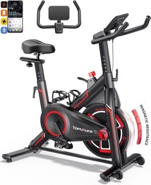 Heimtrainer Fahrrad mit App Tracking, Bis 150 KG LCD-Ergometer mit magnetischem Widerstand, 15 KG Schwungrad Spinning Bike, Indoor Fitnessbike, Leiser Trimmrad Riemenantrieb mit Tablet-Halterung