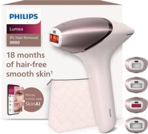 IPL-Haarentfernungsgerät der Philips Lumea 9900-Serie, Alternative zur Laser-Haarentfernung, SenseIQ- und SkinAI-Technologie, 4 Aufsätze für Körper, Gesicht, Bikinizone, Batterie- und Netzbetrieb, BRI951/00