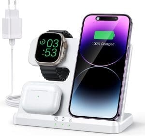 JARGOU 3 in 1 Kabelloses Ladegerät, Induktive Ladestation für Apple Watch und iPhone, Wireless Charger für iPhone 16 15 14 13 12 11 Pro Max, für Apple Watch 10/9/Ultra/8/7/6/SE/5/4/3 /AirPods Pro 4 3 2