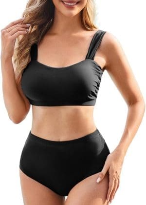 JASAMBAC Bikini-Sets für Damen, gepolstertes Bikini-Oberteil und High Waist Bikini-Unterteile, bescheidene Badebekleidung, elastische, gerippte Bademode, weicher Sport-Schwimmanzug