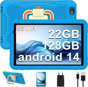 JUEDUR Kinder Tablet 10 Zoll Android 14, 5G WiFi | 22 GB + 128 GB (1 TB TF) | Ältere Kontrolle | 8000 mAh | Octa-Core | 5MP+8MP | mit kindgerechter Hülle Eva Schutzhülle + 360° drehbarer Bügel -Blau