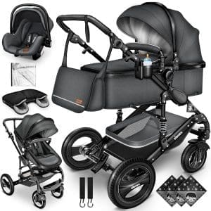 KIDUKU® 3 in 1 Kinderwagen Komplettset | Kombikinderwagen-Set inkl. Babywanne & Buggy Sportsitz & Auto-Babyschale Fußsack | Vollgummireifen Wickeltasche Handwärmer Regenschutz Kindertisch ECE R129