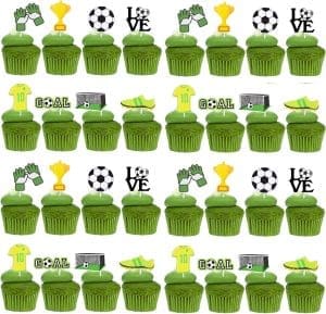 KOBOKO Fußball Kuchen Deko, 32 Stück Fußball Cupcake Topper, Fußball Kuchen Deko für Kinder, Tortendeko Fußball Jungen, Fußball Kuchen Deko Geburtstag Kinder, Cake Topper für