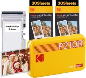 KODAK , Farbig, P210 Mini 2 Retro, Mobiler handlicher Fotodrucker, kompatibel mit Smartphone (iOS & Android), Bluetooth, 54x86 mm, 4Pass-Technologie, Laminierung, 68 Blatt, Gelb