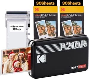 KODAK P210 Mini 2 Retro, Mobiler Farbig-Fotodrucker, Kompatibel mit Smartphone (iOS & Android), Bluetooth, 54x86 mm, 4Pass-Technologie, Laminierung, 6 Karten, 68 Blatt, Schwarz