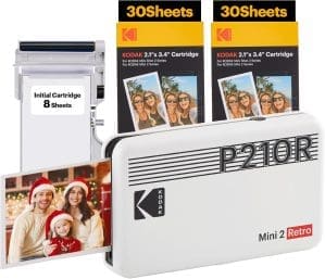 KODAK P210 Mini 2 Retro, Mobiler Farbig Handlicher Fotodrucker, Kompatibel mit Smartphone (iOS & Android), Bluetooth, 54x86 mm, 4Pass-Technologie, Laminierung, 68 Blatt, Weiß