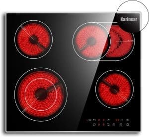 Karinear Keramik-Kochfeld 4 Platten mit Metallrahmen, 6600W, Einbaukochfeld, 4 Kochfelder, ausziehbar, Glaskeramikkochfeld 60 cm mit Touch-Steuerung, Timer, Kindersicherung, 220V-240V, Kein Stecker