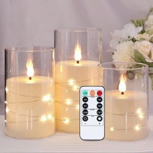 Kiexung LED-Kerzen, LED-Kerzen mit eingebauter Lichterkette, batteriebetriebene Kerzen, Plexiglaskerzen mit Fernbedienungs-Timer, festliche flammenlose Kerzen, Wohnkultur, 3-teiliges Set (Elfenbein)