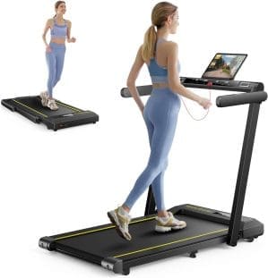 Klappbar Laufband für Zuhause, 2 in 1 Walking Pad mit großer Lauffläche, 14 km/h Home Treadmill, Dual LED Anzeige, 12 Laufprogramme, Herzfrequenzmessung, APP und Fernbedienung