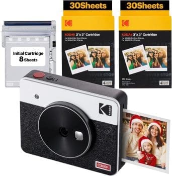 Kodak Mini Shot 3 Retro 4PASS 2-in-1-Sofortbildkamera und Fotodrucker, Tragbar (7,6 x 7,6 cm) + Paket mit 68 Blatt, Weiß