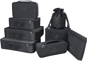 Koffer-Organizer, Reise-Kleidertaschen, 8 Sets/7 Farben, Reisegepäck-Organizer, inklusive wasserdichter Schuh-Aufbewahrungstasche, bequemer Kompressionsbeutel für Reisende, schwarz