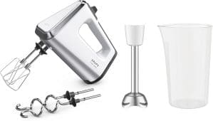 Krups GN9121 3 Mix 9000 Handmixer | 750 Watt | Geschwindigkeitsregler | Turbomodus | Auswurffunktion | ergonomischer Griff | inkl. Schneebesen, Knethaken, Pürierstab-Aufsatz, Messbecher | Weiß/Silber