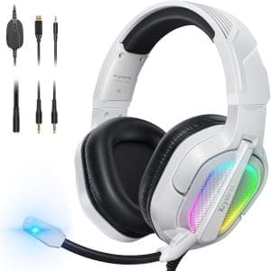 Krysenix PG2 RGB Gaming Headset für PS4/PC/Xbox/Nintendo Switch, PS5 Headset mit Mikrofon, Gaming Kopfhörer mit Mikrofon, Noise Cancelling Kopfhörer mit 3,5 mm Klinke Weiß