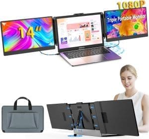 Kwumsy Tragbarer Monitor Für Laptop-14 Zoll FHD 1080p Dual Triple Monitor Screen Extender,Plug & Play Kein Treiber Kompatibel Windows/Mac/Chrome für 13''-17,3''Maximale Breite 405mm Laptop/Typ-C/HDMI