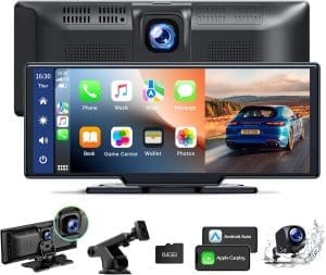 LAMTTO Wireless CarPlay Android Auto, 9,26 Zoll tragbares Autoradio mit 2,5K + 1080P Dashcam vorne hinten, Carplay-Bildschirm für Auto mit 64G TF, Bluetooth, Navigation, Mirror Link, Siri/G00gle, AUX/FM