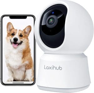 LAXIHUB Hundekamera mit App 2K/3MP HD Kamera Überwachung Innen 2,4 GHz, Hundekamera Nachtsicht Innenkamera WLAN 2-Wege-Audio Haustierkamera Bewegungs- & Geräuscherkennung, kompatibel mit Alexa