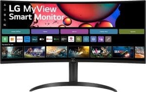 LG Electronics 34SR65QC-B.AEU UltraWide gebogener QHD-Monitor 34" (86,42 cm), 3440 x 1440, 21:9, 5 ms GtG, 100 Hz, webOS, Flicker Safe – Schwarz