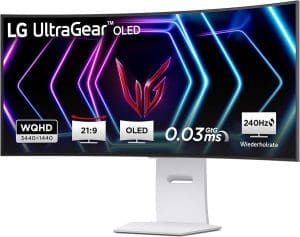 LG Electronics 39GS95QE-W.AEU gebogener UltraGear™ OLED-Gaming-Monitor 39", 3440 x 1440, 21:9, 0,03 ms GtG, 240 Hz, HDR10, DisplayHDR™400 TRUE BLACK, DCI-P3 98,5 %, NVIDIA G-Sync™, AMD FreeSync™ – Weiß