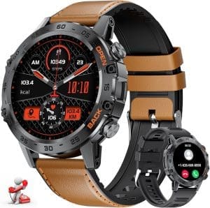 LIGE Herren-Smartwatch mit Lederarmband, 1,39 Zoll Militär-Smartwatch mit 24/7-Herzfrequenz, Blutdruck, Schlafüberwachung für Android iOS, 100+ Sportmodi, Fitnessuhr, IP67 wasserdicht, Telefon