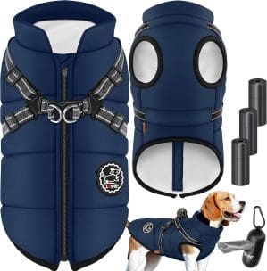 LOVPET® Hundejacke Hundemantel mit Geschirr, inkl. 45 Stück Kotbeutel + Spender, Hunde Winterweste gefüttert wasserdicht, Gepolsterte Weste Mit Brustgurt, Reflektoren, D-Ring 4XL, Navyblau