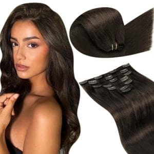 LaaVoo Clip in Echthaar Extensions Braun Extensions Echthaar Clip in Dunkelbraun Haarverlängerung Echthaar Clip Doppelt Tressen Unsichtbar Clip in Extensions Echthaar 35cm #2 105g 7Stk