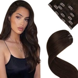 LaaVoo Clip in Extenisons Braun Haarverlängerung Echthaar Clip in Remy Natürlich Braun Extensions Echthaar Clip Doppelt Tressen 45cm 80Gramm/5Stück