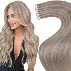 LaaVoo Extensions Echthaar Tape Dreckiges Blond Echthaar Tape in Extensions #19/60 Highlight Platin Blond Tape in Haarverlangerung Echthaar Glatt 50g 20pcs 40cm