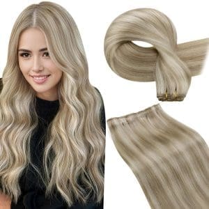 LaaVoo Extensions Tressen Echthaar Zum Einnähen Blond Tressen Extensions Echthaar Aschblond Highlighted Hellblond Haartressen Echthaar Extensions Glatt 100g #P18/613 60cm