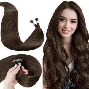 LaaVoo Nanoring Extensions Echthaar 60cm 50g 50s Braun Remy Haarverlangerung Echthaar Nanoring Natürliches Nano Tip Extensions Echthaar #4 Einfarbig Braun