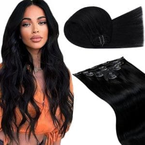 LaaVoo Schwarz Clip in Extensions Echthaar 60cm Extensions Clip Echthaar Schwarz Remy Clip in Haarverlängerung Echthaar Natürliche Echthaar Extensions Clips Glatt 7Pcs 120Gramm #1 24Zoll