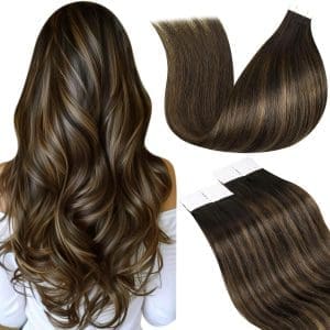 LaaVoo Tape Extensions Echthaar Braun Tape in Haar Extensions Skin Weft Haarverlängerung Echthaar Tape in Extensions Invisible Dunkelbraun Balayage Hellbraun 50cm 50g 20PCS #2/8/2