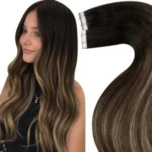 LaaVoo Tape Extensions Echthaar Ombre Braun Echthaar Tape in Haarverlängerung Echthaar 60cm Tape Balayage Schwarz zu Braun Karamellblond Haarextension Echthaar Tape 25g 10pcs #1b/4/27