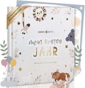 Lebenskompass Babyalbum Mein erstes Jahr "PURE" mit über 75 Stickern & Spruchkarte EXTRA - Ein Baby Buch zum Eintragen - Das Babytagebuch & Erinnerungsbuch für Mädchen & Jungen