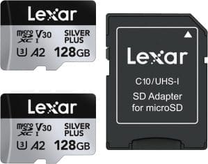 Lexar Silver Plus Micro SD Karte 128GB 2-Pack, Bis zu 205 MB/s Lesegeschwindigkeit, 150MB/s Schreibgeschwindigkeit, Speicherkarte Micro SD mit Adapter, UHS-I, A2, U3, V30, Klasse 10, 4K UHD microSDXC