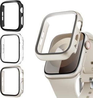 Lovmunia 3-teilige Schutzhülle mit Displayschutzfolie kompatibel mit Apple Watch SE/6/5/4 40 mm, rundes, ultradünnes Hartgehäuse, eingebautes Kratzfest-Gehärtetes Glas-Schutzfolie für iWatch 40 mm