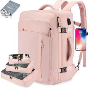 Lumesner Handgepäck-Rucksack, extra groß, 40 l, Flugzugelassen, Reiserucksack für Männer und Frauen, erweiterbar, großer Koffer-Rucksack mit 4 Packwürfeln