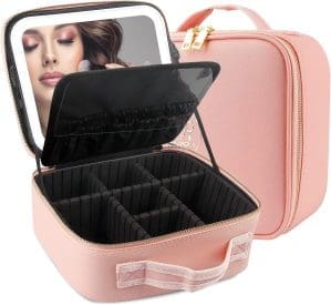 MOMIRA Reise-Make-up-Tasche Kosmetiktasche mit beleuchtetem Spiegel, einstellbarer Helligkeit in 3 Farbszenarien, wasserdichte Makeup-Trainingsbox, Geschenk für Frauen - Rosa