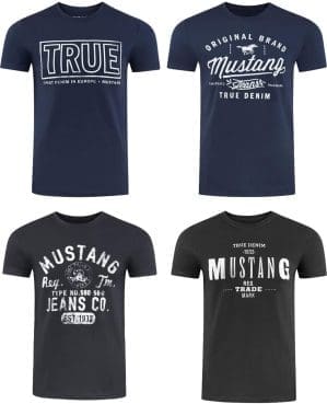 MUSTANG Tshirt Herren Baumwolle Regular Fit 4er Pack Set Rundhals Kurzarm Sommer Tee Shirt Logoprint Schwarz Weiß Grau Blau Grün SML XL XXL 3XL 4XL 5XL 6XL