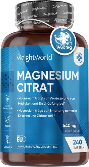 Magnesiumcitrat - 240 vegane Kapseln - 1480mg Magnesiumcitrat mit 440mg elementarem Magnesium pro Tagesdosis - Sport Elektrolyte für Training & Fitness - Muskelnfunktion & Nerven - WeightWorld