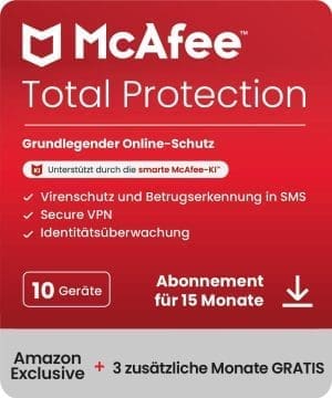 McAfee Total Protection (10 Geräte) 2025 | 15 Monate | Secure VPN, Sicherheitssoftware mit Virenschutz, Kennwort-Manager, Identitätsüberwachung | Digitaler Download