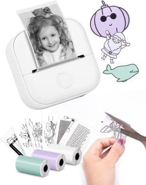 Memoking Tragbarer Mini Aufkleberdrucker – T02 Taschendrucker mit 3 Rollen Papier, Bluetooth-Fotodrucker für Kindergeburtstag, Kompatibel mit Telefon und Tablet, Weiß