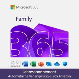 Microsoft 365-Familie | 12 Monats-Abo mit automatischer Verlängerung, bis zu 6 Nutzer | Word, Excel, PowerPoint | bis zu 6 TB OneDrive Cloudspeicher | PCs/Macs & mobile Geräte | Amazon-Abonnement