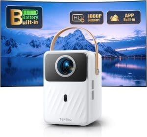 Mini Beamer【Eingebauter Akku & Andriod TV】Toptro 1080P Full HD Beamer Heimkino mit Elektrischer Fokus, 300 ANSI WiFi Bluetooth Beamer Outdoor, 50% Zoom Klein Projektor mit Netflix/Prime Video/Dis+